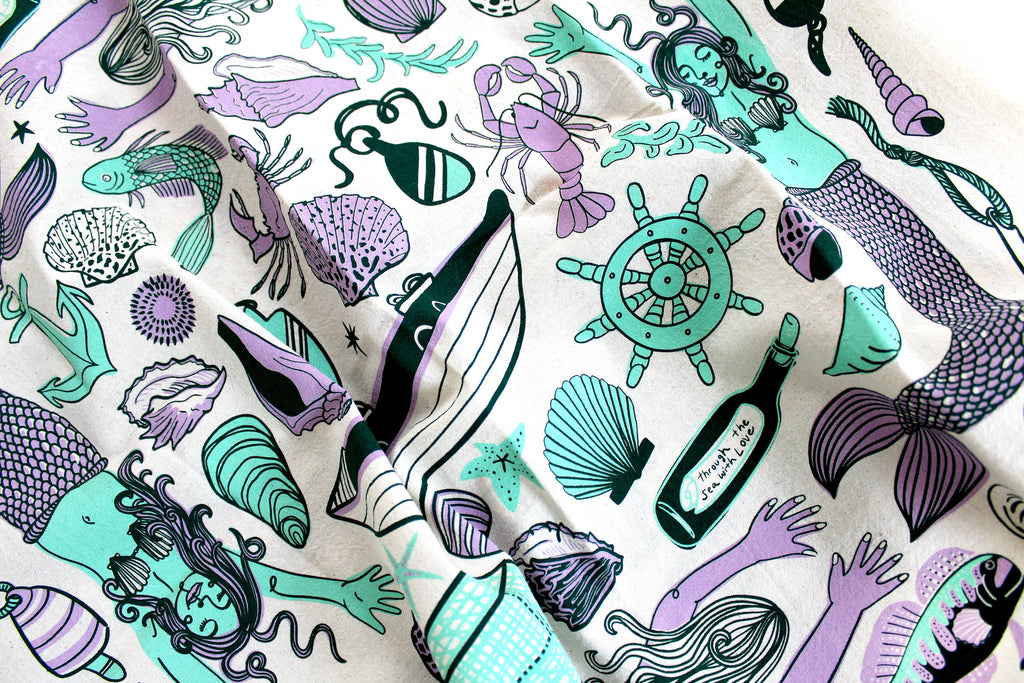 Mermaid Fantasy Screen Printed Tea Towel